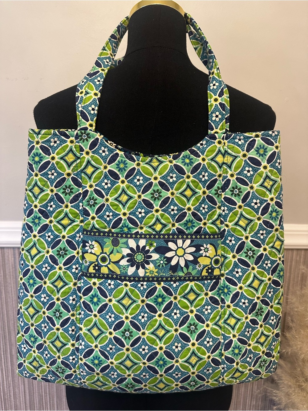 Vera Bradley Quilted Tote Bag Blue Green Geometric Floral shoulder bag 15x15